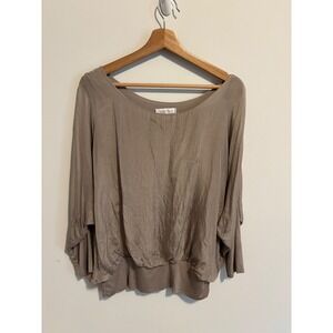 Cobblestone Made in Italy Silk Blend Dolman Sleeve Blouse Taupe Ribbed Hem Top
